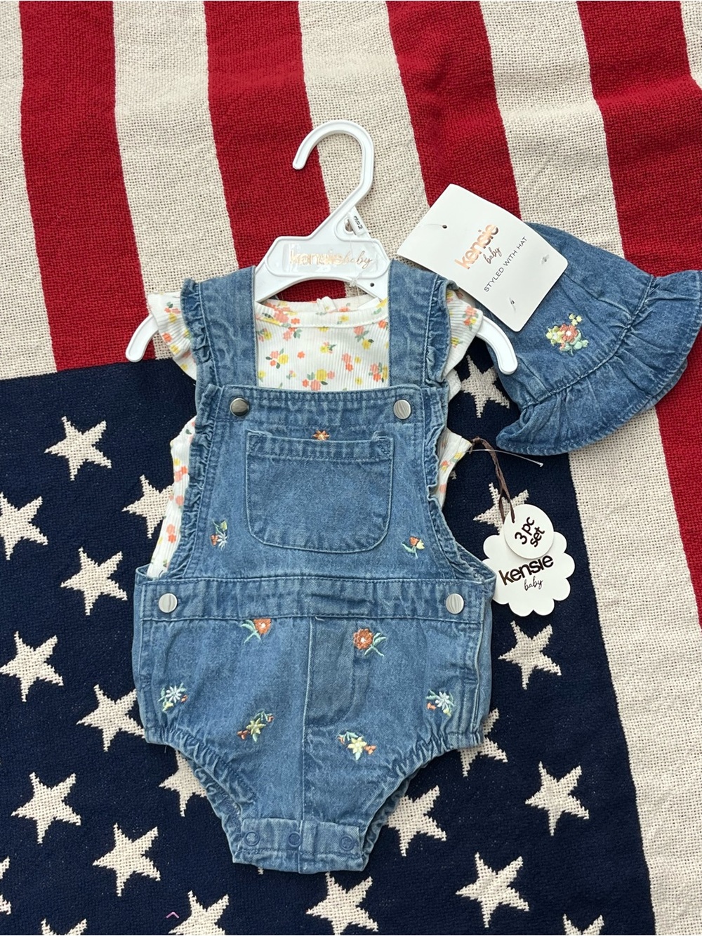 Kensie Blue Denim Floral Embroidered Romper with Matching Hat Size 3/6 Month NWT
